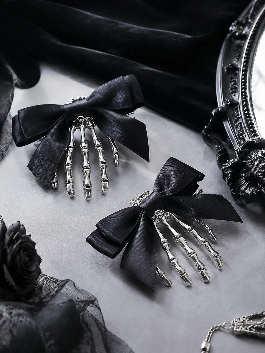 2pcs Gothic Skeleton Hand Hair Clips, Black Satin Bow Skeleton Hand Hair Clips, Halloween Punk Cosplay Women Girls Hair Accessories - Multicolor - View 1