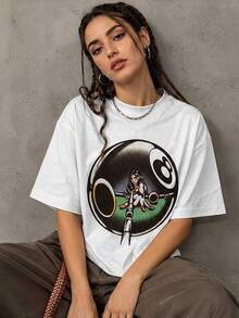 Women's Cotton Short-Sleeve T-Shirt, Billiard And Directional Arrow Print, Crew Neck, Graphic Top, Women's Autumn, Direct Local Shipping - White - View 3