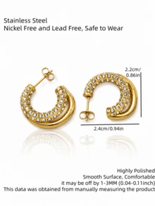 1 Pair Hoop Earrings, 304 Stainless Steel Gold Rhinestone Chunky C-Shaped Hoops, Party Wedding For Women, Statement Jewelry Gift Diamond Earrings Halloween Women's Earrings - Sparkling Diamond Earrings - View 6