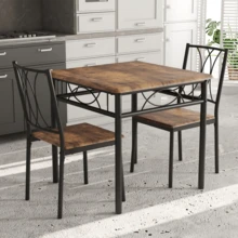 Space-Saving 3-Piece Dining Table Set For 2 – Square Metal & Wood Table With Upholstered Chairs – Compact Rustic Dining Room Furniture For Small Spaces, Apartments - Retro Color Mdf Seat - View 1