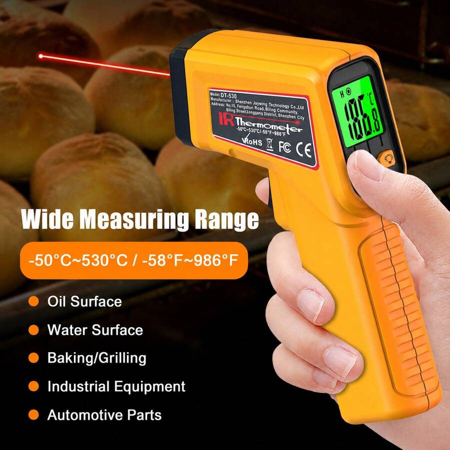 1 buah Termometer Inframerah Tanpa Kontak, Rentang Suhu -50-530℃, Emisivitas yang Dapat Diatur, Alat Pengukur Suhu Genggam, Cocok untuk Rumah, Industri, Elektronik, DIY, HVAC, Otomotif, dan Lainnya