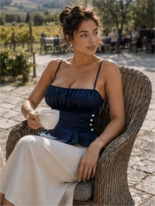 Regata Elegante Feminina, Detalhes Franzidos e de Pérolas no Peito, Regata de Tecido Tecido Formal, Adequada para Uso Casual Diário, Deslocamento, Uso de Verão no Local de Trabalho, Escolha de Camada Interna - Azul Marinho - Visão 1
