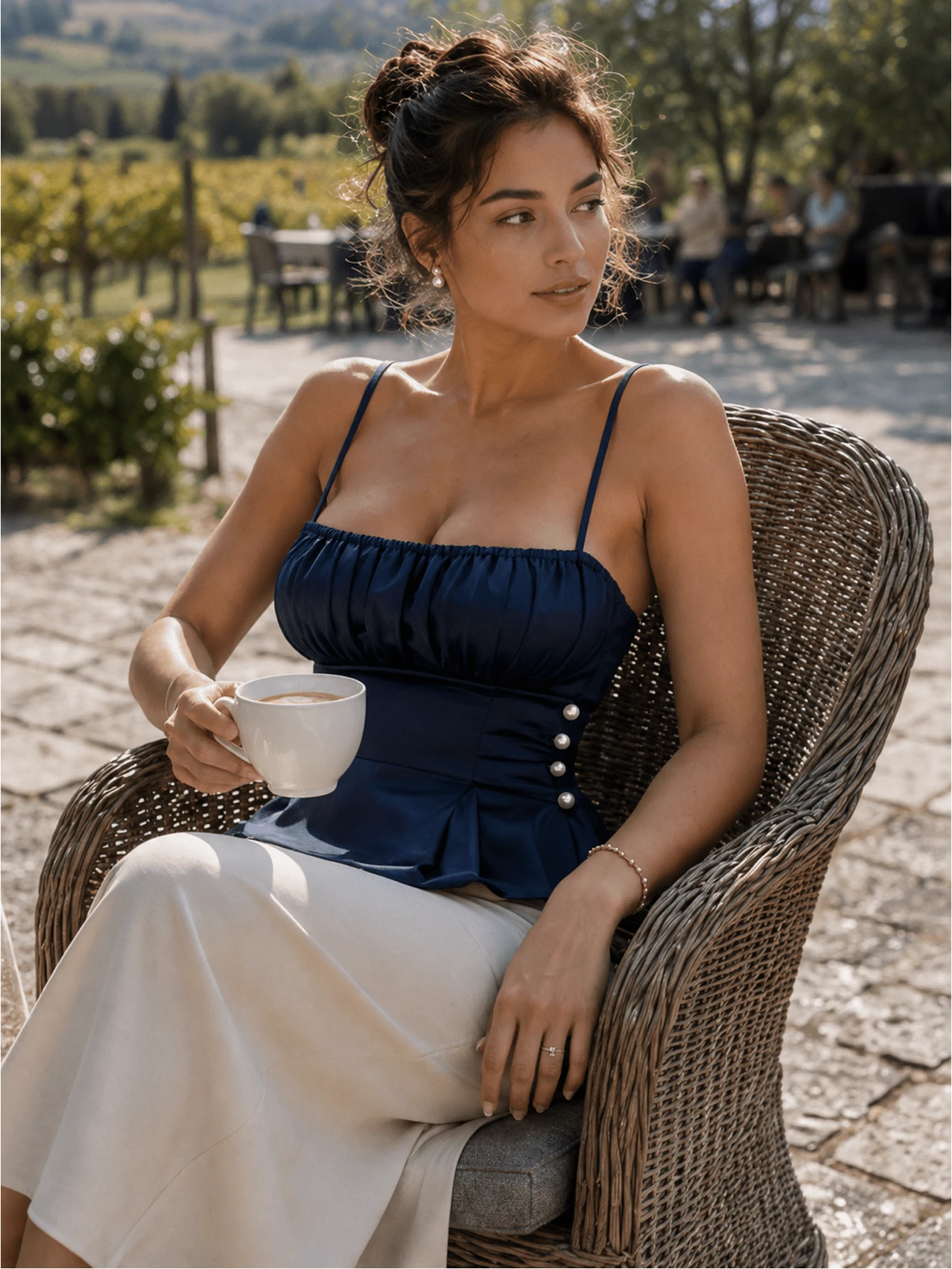 Regata Elegante Feminina, Detalhes Franzidos e de Pérolas no Peito, Regata de Tecido Tecido Formal, Adequada para Uso Casual Diário, Deslocamento, Uso de Verão no Local de Trabalho, Escolha de Camada Interna - Azul Marinho - Visão 1