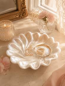 1pc Elegant Shell-Shaped Jewelry Tray, Luxury Vanity Storage Box For Rings, Earrings And Necklaces, Bedroom Dresser Decor Small Accessory Dish, Fashion Home Decor Gift - Multicolor - View 2