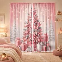 2PCS Silver‑Pink Christmas Tree Print Light Sheer Curtains, Semi-Sheer For Privacy Protection. Easy Rod Pocket Installation, Quick-Dry, Fade-Resistant After Washing, Lightweight And Washable. Ideal For Home, Room And Kitchen Decor & Space Dividers. - Multicolor - View 1