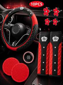 10Pcs Car Interior Accessories Set, Sport Quilted Steering Wheel Cover, Seat Belt Pads, Daisy Air Vent Clips, Cup Coasters, Bling Start Stop Button Cover, Universal Auto Interior Decor Kit For Most Cars - Multicolor - View 4
