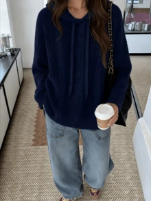 Plus Size Women's Navy Blue Cable Knit Hooded Drawstring Drop Shoulder Long Sleeve Pullover Sweater, Autumn/Winter - Royal Blue - View 1
