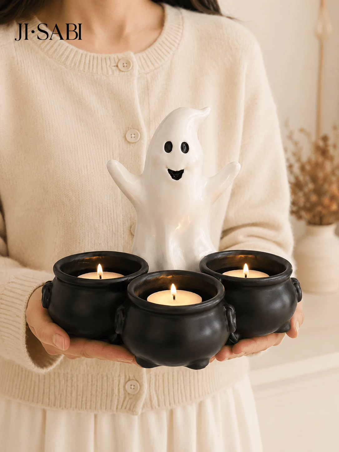 1pc Halloween Ghost Cauldron Tea Light Candle Holder, Ghost Shaped With 3 Cauldron Candle Holders, Spooky Cute Tabletop Decor, Suitable For Halloween Party Home Bookshelf Decoration, Candles Not Included - Ghost Candlestick - View 1