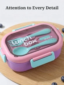 1000ml Leak-Proof Divided Lunch Box With Handle, Reusable, Airtight Fresh-Keeping, Includes Utensil Set, Suitable For Office Workers, Camping, Hiking And Back To School Season, Microwave And Dishwasher - Multicolor - View 2