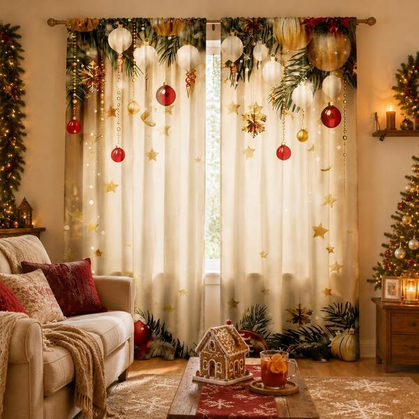 2pcs Christmas Colorful Ball Print Decorative Curtains, Rod Pocket Design, No Drilling Required, Easy Installation And Removable, Polyester Material, Suitable For Bedroom, Living Room And Christmas Holiday Home Decor.