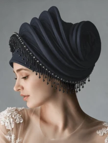 1pc Luxury Shiny Pleated Turban With Bead Fringe, Elegant Wedding Party Head Wrap Hat For Women - Multicolor - View 4
