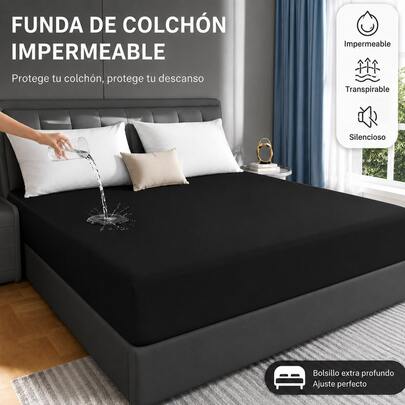 AMOROSA Protector de Colchón Impermeable Individual,Matrimonial,Queen y King,Cubre Colchón Suave y Transpirable con Tela Lisa,Lavable, Ajuste Perfecto para Cama,Protección contra Polvo y Uso Diario en Dormitorio y Hogar,Color Negro