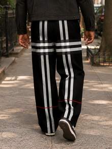 Men's Plus Size Wide Leg Pants, Minimalist Black & White Line Patchwork Print, Extra Large & Plus Size Tall Fit, Suitable For Daily Commute, All Season Wear - Black and White - View 7
