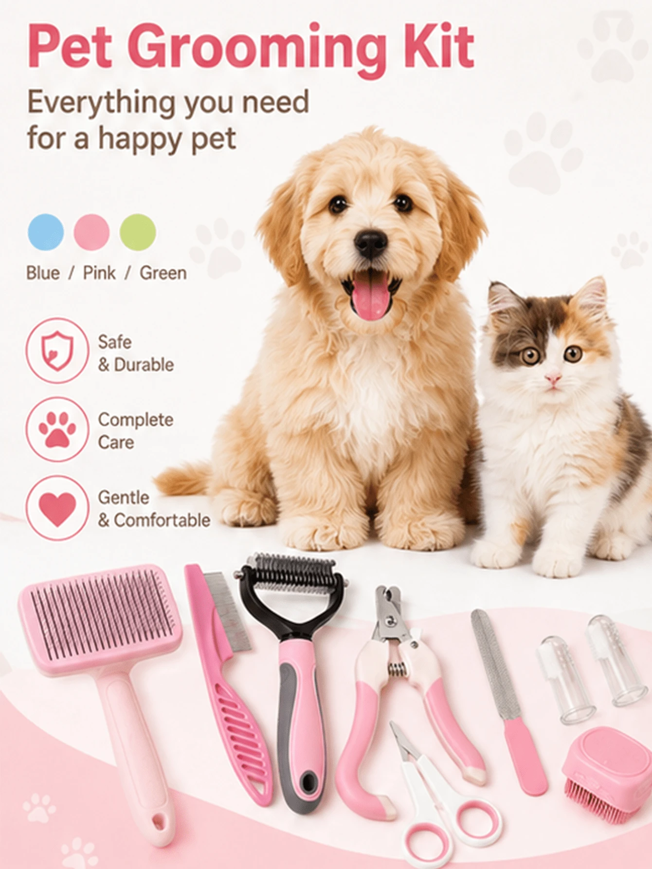1 Set Pet Grooming Kit, Includes Pet Nail Clipper And File, Flea Comb, Pet Shampoo Brush, Pet Deshedding Brush And Silicone Toothbrush - Multicolor - View 1