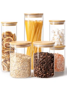 Multi-Size Bamboo Lid Glass Airtight Storage Jars, Transparent Moisture-Proof Fresh-Keeping Canisters, Suitable For Tea, Grains, Snacks, Dried Goods Storage, Kitchen Pantry Organization Containers - Multicolor - View 3