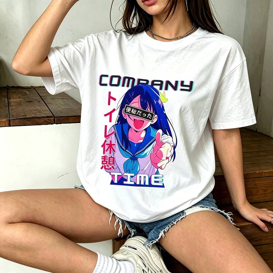 T-Shirt mit Anime-Grafik - Lustig/Ästhetisch - Casual/Arbeit/Business<wbr>Komfort - Weiss - Übersicht 1