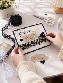 2 Yards Black & White Music Symbol Pattern Lace Ribbon Roll - Decorative Ribbon For Making Bows, Suitable For DIY Hair Accessories And Ribbon Bow Making, Also Can Be Used As Elegant Birthday Gift Ribbon And Wedding Ribbon For Gift Wrapping And Sewing Crafts - Music Symbol - View 4