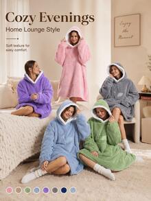 Large Hooded Blanket Bathrobe, Soft Fluffy Coral Fleece Long Robe, White Lambswool Lining, Hooded, Leaf Embroidery Detail, Large Front Pocket, Loose Warm, Suitable For Sofa Leisure - Multicolor - View 3
