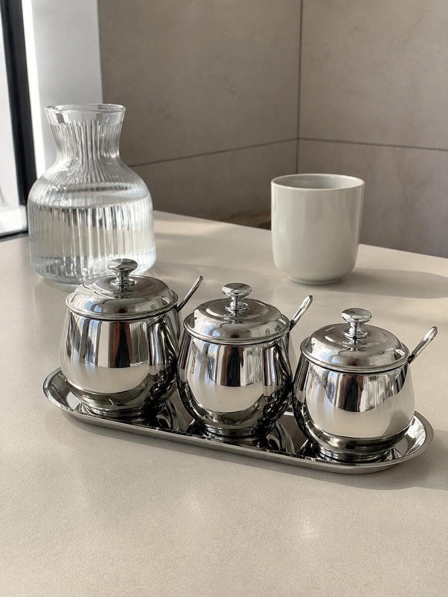 1pc Stainless Steel Seasoning Jar With Spoon And Lid, Stainless Steel Sugar Canister With Spoon, Seasoning Bowl With Spoon And Tray, Elegant Tabletop Storage Container, Suitable For Kitchen And Dining Room Seasoning Storage, Gift, Halloween Party, Christmas Gathering - Silver - View 1