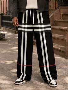 Men's Plus Size Wide Leg Pants, Minimalist Black & White Line Patchwork Print, Extra Large & Plus Size Tall Fit, Suitable For Daily Commute, All Season Wear - Black and White - View 4