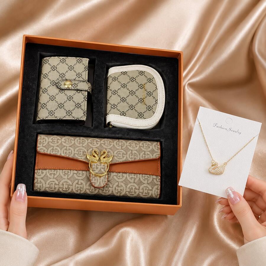 4pcs Women's Wallet Gift Set, Includes Swan Necklace, Card Holder, Coin Purse, Fashion Jewelry Gift Box, Suitable For Christmas, Valentine's Day, Birthday Gifts