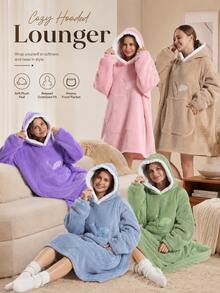 Large Hooded Blanket Bathrobe, Soft Fluffy Coral Fleece Long Robe, White Lambswool Lining, Hooded, Leaf Embroidery Detail, Large Front Pocket, Loose Warm, Suitable For Sofa Leisure - Multicolor - View 2