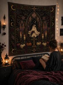 1pc-Halloween Vintage Gothic Polyester Tapestry, Pumpkin Ghost Moon Floral Wall Hanging Backdrop For Bedroom Home Party Decor - A - View 1