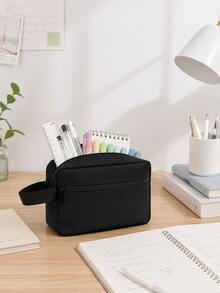Large Capacity Zipper Pencil Case - Portable Multi-Compartment Pencil Bag - Waterproof Durable Stationery Storage - 1pc Black - View 3