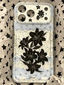 Romantic Shiny Sequin Hollow Black Lily Flower Phone Case, Compatible With IPhone 18 Pro Max 18 Pro 17 Pro Max 17 Pro 17 16 Pro Max 16 Pro 16 15 Pro Max 15 Pro Max 15 Pro 15 14 Pro Max 14 Pro 14 13 Pro Max 13 Pro 13 12 Pro Max 12 Pro 11, Aesthetic Creative Jelly Back Cover - Black Lily - View 1