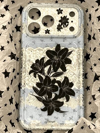 Romantic Shiny Sequin Hollow Black Lily Flower Phone Case, Compatible With IPhone 18 Pro Max 18 Pro 17 Pro Max 17 Pro 17 16 Pro Max 16 Pro 16 15 Pro Max 15 Pro Max 15 Pro 15 14 Pro Max 14 Pro 14 13 Pro Max 13 Pro 13 12 Pro Max 12 Pro 11, Aesthetic Creative Jelly Back Cover