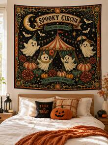 1pc-Halloween Vintage Gothic Polyester Tapestry, Pumpkin Ghost Moon Floral Wall Hanging Backdrop For Bedroom Home Party Decor - A - View 24