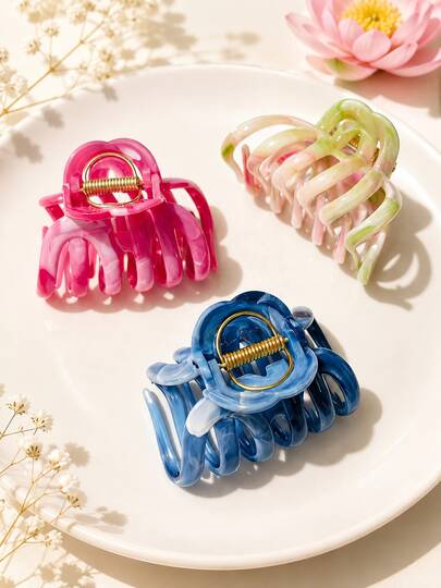 3pcs Women's 3.74 Inch/9.5cm Colorful Marble Pattern Hollow Hair Claw, Pink, Blue, Light Green Contrast Color Fashion Back Head Hair Clip, Sweet Fresh Half-Up Bun Hair Clip, Versatile Hair Accessory, Suitable For Daily Commute, Beach Vacation, Party, Spring Summer Autumn Winter Hairstyles