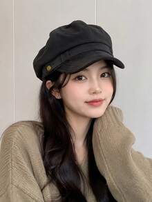 1pc Women's Vintage Suede Texture Newsboy Cap, Soft Brim Baker Boy Hat With Belt Loop And Gold Button Detail, Suitable For Travel, Streetwear, All Seasons - A - View 5