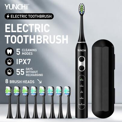 YUNCHI Adult Electric Toothbrush, Soft Bristles Deep Cleaning, 5 Cleaning Modes, 2-Minute Smart Timer With 30-Second Interval Reminder, Type-C Charging, 55-Day Battery Life, 8 Replacement Brush Heads And 1 Travel Storage Case, Suitable For Home And Travel Use