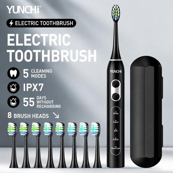 YUNCHI 成人電動牙刷，軟毛深層清潔，5種清潔模式，2分鐘智能計時器附30秒間隔提醒，Type-C充電，55天電池續航，8個替換刷頭和1個旅行收納盒，適合居家與旅行使用