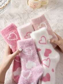 2/4 Pairs White And Pink Fuzzy Women's Mid-Calf Socks, Heart Pattern Warm Socks, Soft And Comfortable, Random Color - Multicolor - View 3