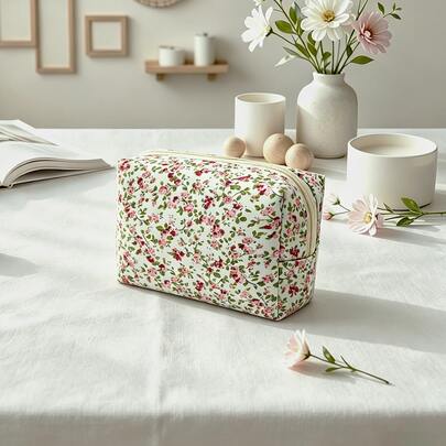 1pc Floral Octagonal Makeup Bag, Women's Handheld Cosmetic Pouch, Portable Makeup Tool Bag, Travel Business Commute Carry-On Cosmetic Storage Bag