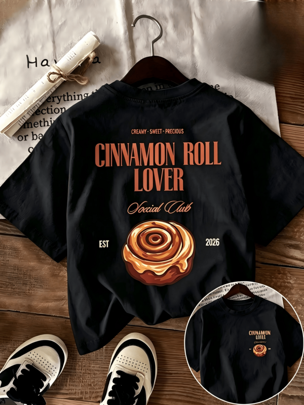 1 pièce T-shirt col rond ample 100 % coton, imprimé rétro double face rouleau à la cannelle, haut décontracté pour le printemps et l'été