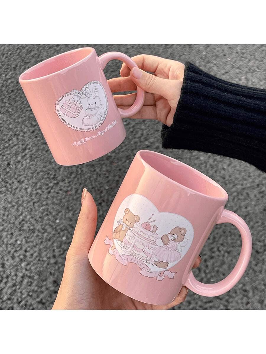 Sweet Cute Pink Ceramic Mug, Adorable Bear Rabbit Cake Art Print Cup, Girly Aesthetic Gift, Macaron Color Coffee Tea Cup