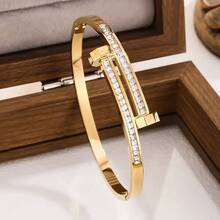 1pc Elegant Fashion Stainless Steel Nail-Shaped Full Rhinestone Bracelet, Women's Exquisite Bangle - Gold - View 6