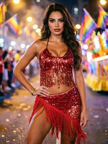 Sequin Tassel Crop Top Fringe Wrap Skirt For Music Festival Nightclub Carnival Performance Multiple Colors Available - Multicolor - View 17