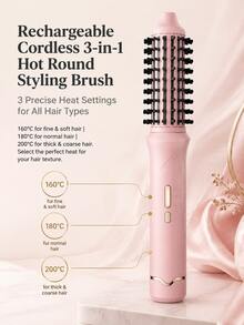 Rechargeable Wireless 3-In-1 Hot Round Styling Brush, Built-In 5000mAh Large Capacity Battery, Portable Anti-Scald Hot Hair Brush, Suitable For Curly, Straight And Voluminous Hairstyles, 3 Temperature Settings, Travel Hair Styling Tool For All Hair Types - B - View 4