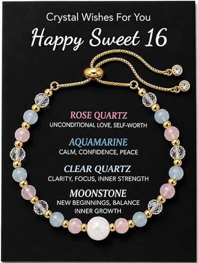 1pc 13-16 Years Old Rose Quartz Aquamarine Beaded Bracelet Gold Plated Adjustable Bolo Chain, Moonstone Transparent Quartz Healing Bracelet With Pendant, Birthday Gift For Her