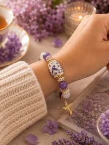1pc Hummingbird Women's Charming Purple Hope Beaded Elastic Bracelet, Exquisite Spring Garden Jewelry Gift (With Gift Box) - Purple - View 3
