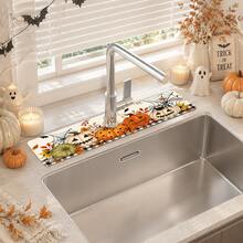 1pc Halloween Faucet Mat, Create Holiday Atmosphere, Bathroom Faucet Splash Guard, Waterproof Non-Slip Faucet Mat, Kitchen Countertop Accessory, Kitchen Dining Table Accessory, Sink, Moisture-Proof Absorbent Mat, Absorbent Draining Mat, Pumpkin Pattern, Multi-Functional Absorbent Non-Slip Mat - Multicolor - View 3