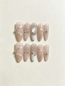 10pcs Handmade Press-On Nails, Nude Almond Shape Fake Nails, Silver Ribbon Pearl Bow Chain Rhinestone Star Cat Eye White French Nail Tips, Glossy Reusable Artificial Nails, Suitable For Women Gentle Elegant Style Daily Wedding Party Nail Decoration - Multicolor - View 3
