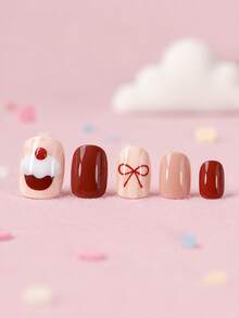 24pcs Y2K Style (Cupcake, Bow) Element Design, Kids Girls Press-On Short Fake Nails, Cute Pre-Glued Full Coverage Acrylic Nail Tips Set, Suitable For 5-12 Years Old Girls Nail Decoration - Multicolor - View 2