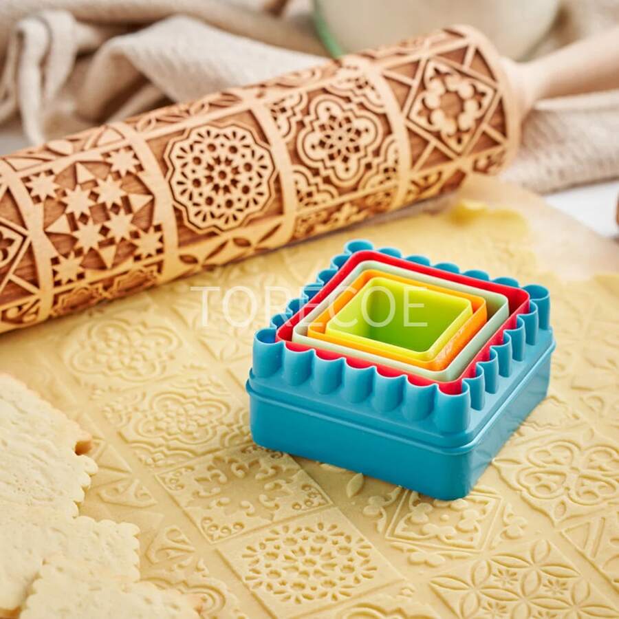 1Pc 13.7 Inch Wooden Embossed Rolling Pin, Square‑Grid Floral Engraved Dough Roller, Cookie Biscuit Imprint Mold, Household Baking Tool, Ideal For Party, Wedding, Festival & Gift - Multi-color - Dark Window Film - View 1