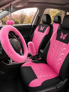 8pcs/9pcs/17pcs Breathable Car Seat Covers Set, Butterfly Pattern, With Soft Plush Steering Wheel Cover, Gear Shift Cover, Handbrake Cover And Rhinestone Plush Pendant, Create Comfortable Driving Experience - Multicolor - View 2