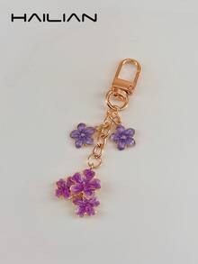 HAILIAN 1pc Alloy Cherry Blossom Shaped Keychain, Lightweight And Elegant Cherry Blossom With Square Tag, Suitable For Bag Pendant, Car Keyring, Couple Birthday Holiday Gift - Purple - View 3